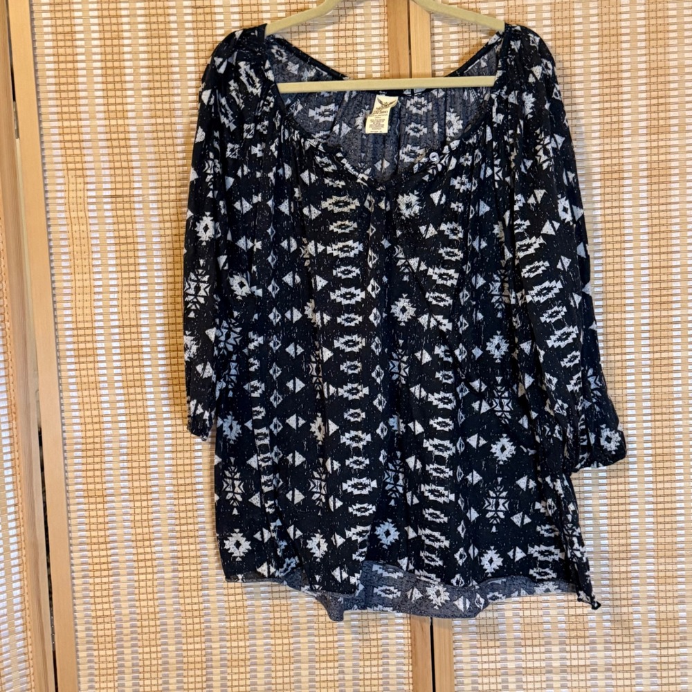 Faded Glory Womens 4X Black Soot Tribal Geometric Print 3/4 Sleeve Blouse Top